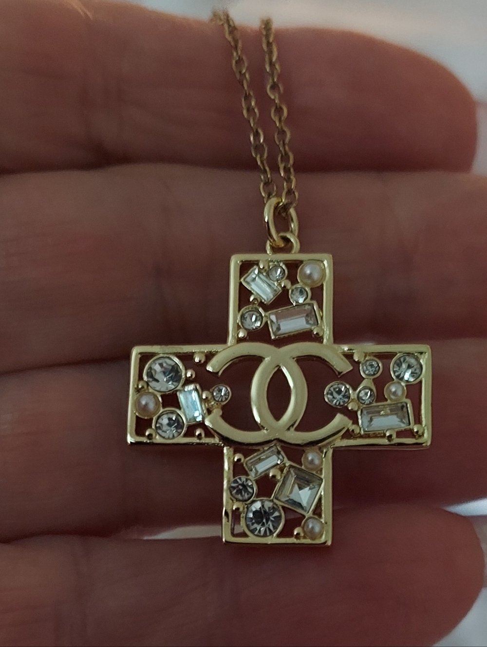 Gold Cross Pendant Necklace with Crystal Accents - Women Jewelry